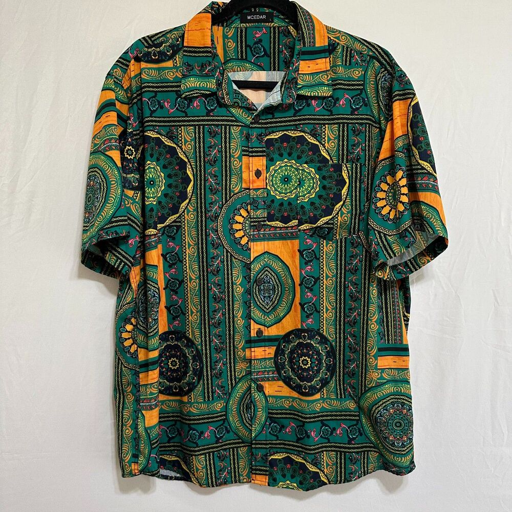 Mcedar Men's Geometric & Mandala Design Button Down Shirt, Size L Colorful